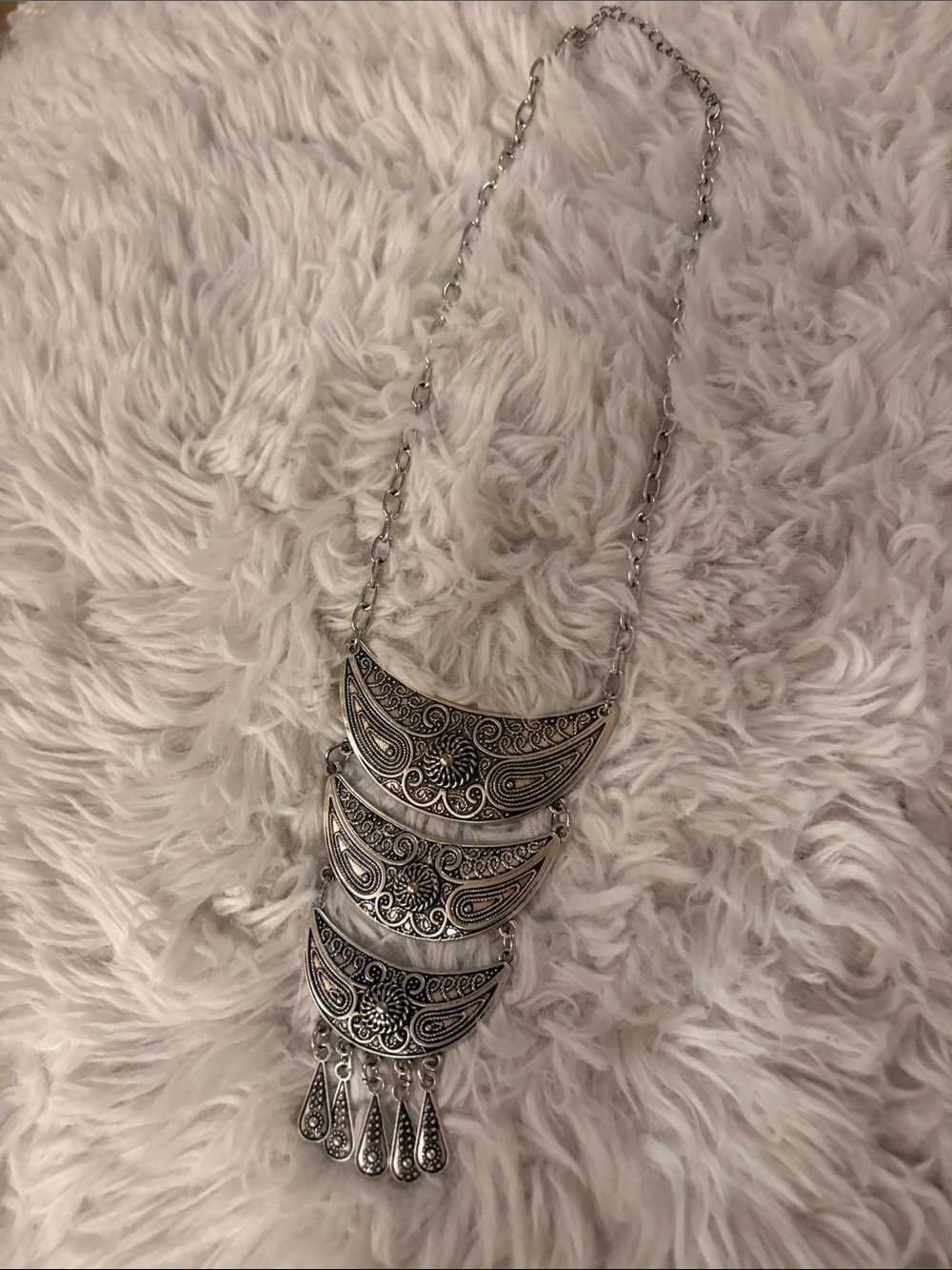 Bohemian Silver-Tone Statement Necklace - Layered Crescent Design